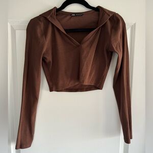 ZARA Brown Long Sleeve Cropped Cotton V-Neck Shirt